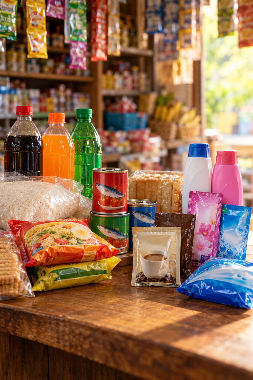Realistic sari-sari store grocery products arranged on a counter