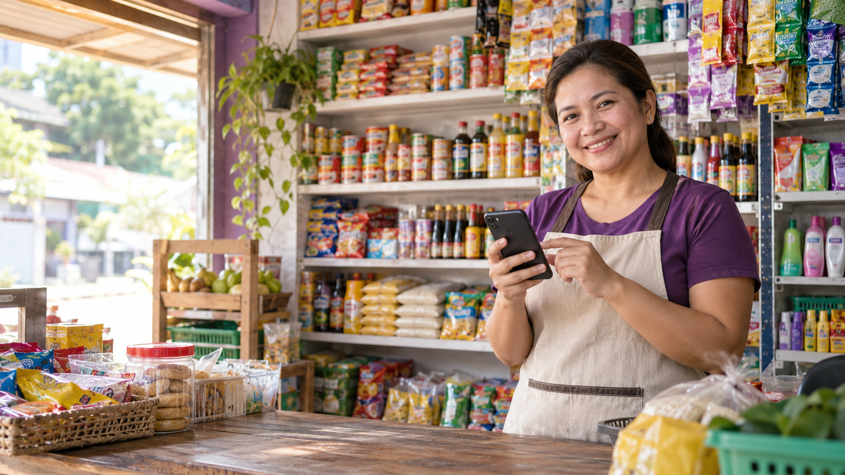 Filipino sari-sari store owner using a phone-based store system